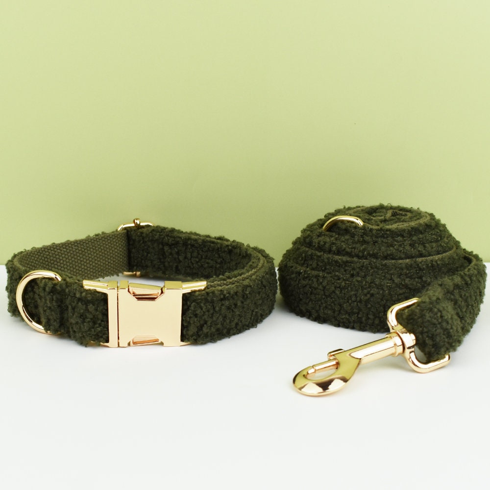 Green Dog Collar Personalised, Soft Fleece Custom Dog Harness with Engraved Name, Matching Leash, Bowtie for Small to Large Dogs, Cute Dog