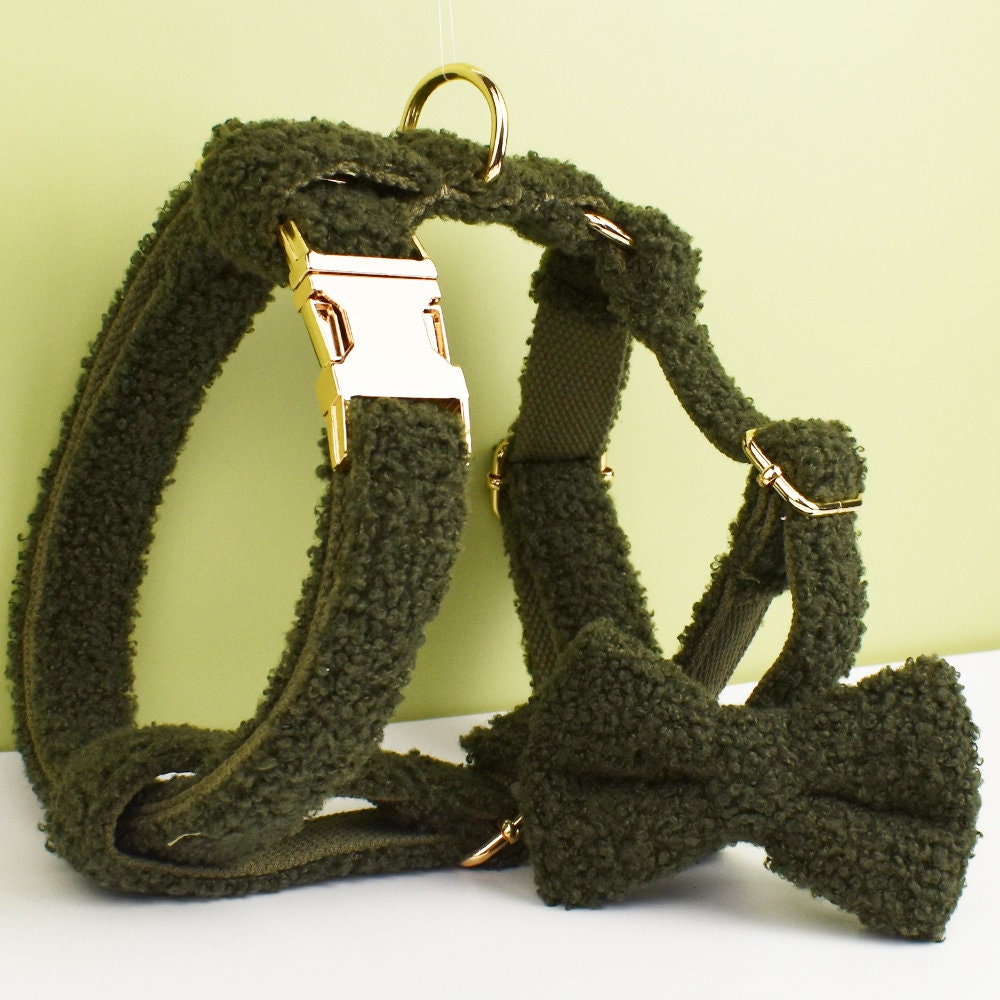 Green Dog Collar Personalised, Soft Fleece Custom Dog Harness with Engraved Name, Matching Leash, Bowtie for Small to Large Dogs, Cute Dog