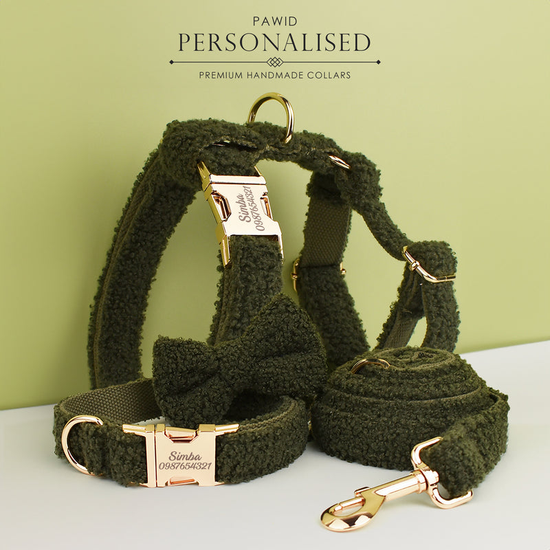 Green Dog Collar Personalised, Soft Fleece Custom Dog Harness with Engraved Name, Matching Leash, Bowtie for Small to Large Dogs, Cute Dog