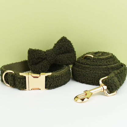 Personalised Dog Collar Leash Bowtie in Green Curly Fleece Fabric, Puppy Collar Bowtie, Handmade Dog Collar Leash Bowtie, Birthday Gift