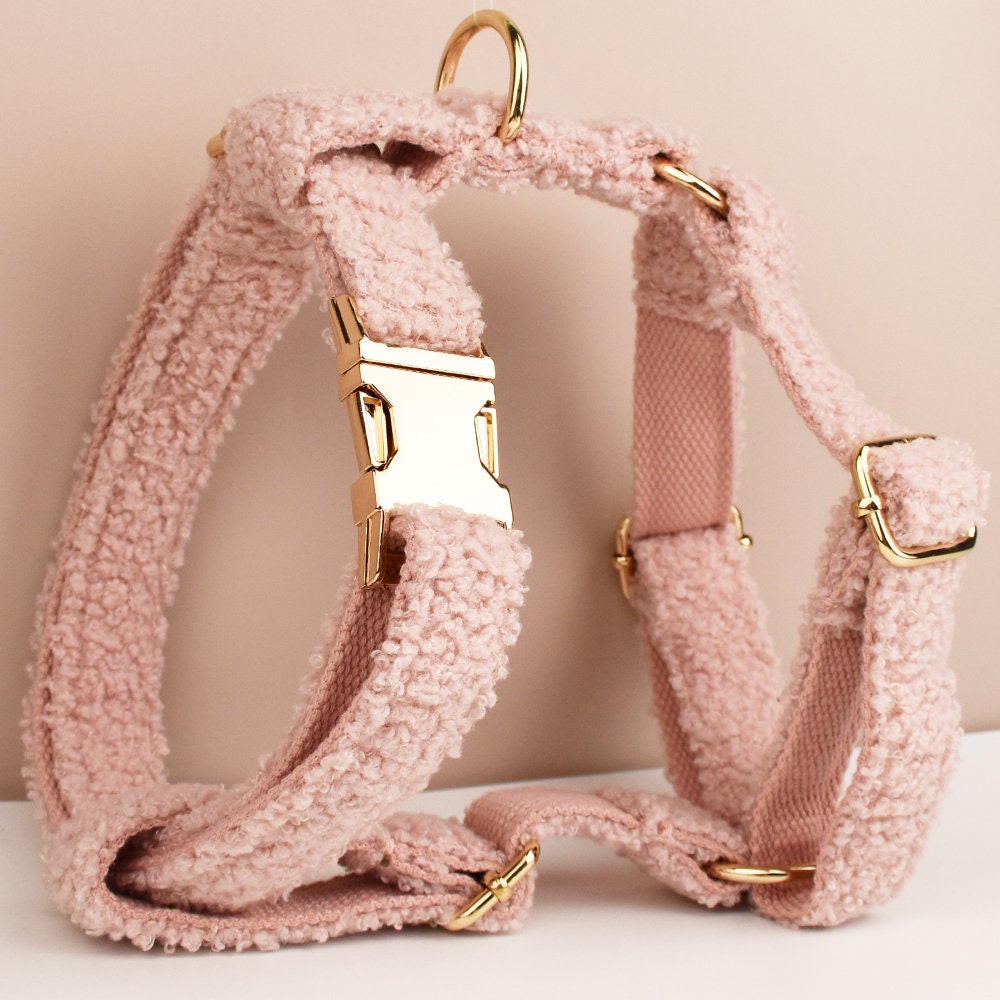 Pink Personalised Female or Male Dog Collar with Name, Polyester Fleece, Custom Roman Dog Harness or Leash, Bow for Wedding or Daily Use