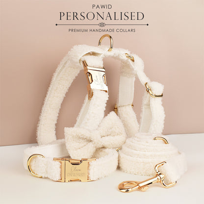White Personalised Female or Male Dog Collar with Name, Polyester Fleece, Custom H-Style Dog Harness or Leash, Bow for Wedding or Daily Use