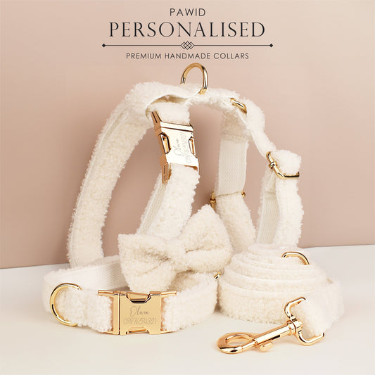 White Personalised Female or Male Dog Collar with Name, Polyester Fleece, Custom H-Style Dog Harness or Leash, Bow for Wedding or Daily Use