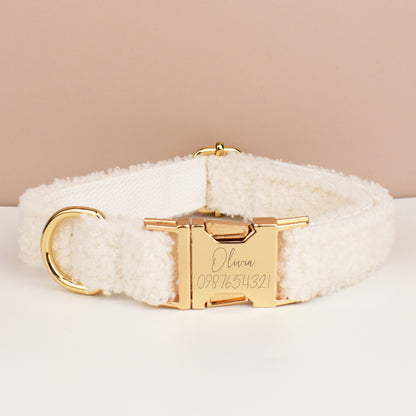 White Personalised Female or Male Dog Collar with Name, Polyester Fleece, Custom H-Style Dog Harness or Leash, Bow for Wedding or Daily Use