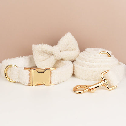 White Personalised Female or Male Dog Collar with Name, Polyester Fleece, Custom H-Style Dog Harness or Leash, Bow for Wedding or Daily Use