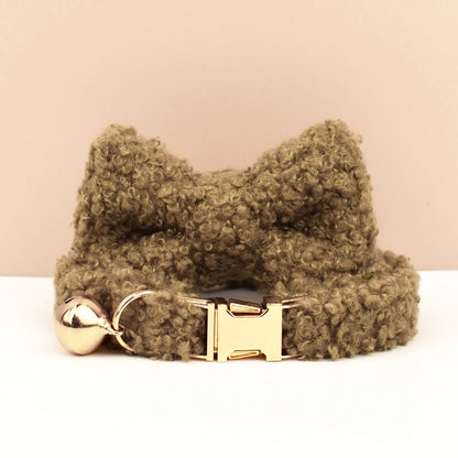 Teddy Bear Cat Collar, Personalised Tag, Fluffy Fleece Cat Collar with Bell or Bow, Collar for Male Cat, Engraved Name on Puppy Collar