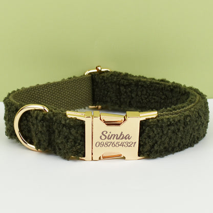 Personalised Dog Collar Leash Bowtie in Green Curly Fleece Fabric, Puppy Collar Bowtie, Handmade Dog Collar Leash Bowtie, Birthday Gift