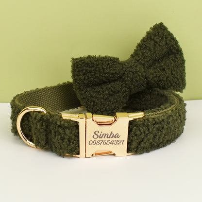 Personalised Dog Collar Leash Bowtie in Green Curly Fleece Fabric, Puppy Collar Bowtie, Handmade Dog Collar Leash Bowtie, Birthday Gift