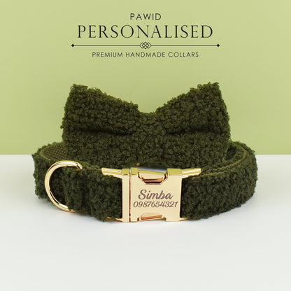 Personalised Dog Collar Leash Bowtie in Green Curly Fleece Fabric, Puppy Collar Bowtie, Handmade Dog Collar Leash Bowtie, Birthday Gift