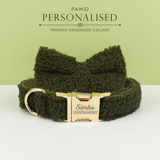 Personalised Dog Collar Leash Bowtie in Green Curly Fleece Fabric, Puppy Collar Bowtie, Handmade Dog Collar Leash Bowtie, Birthday Gift