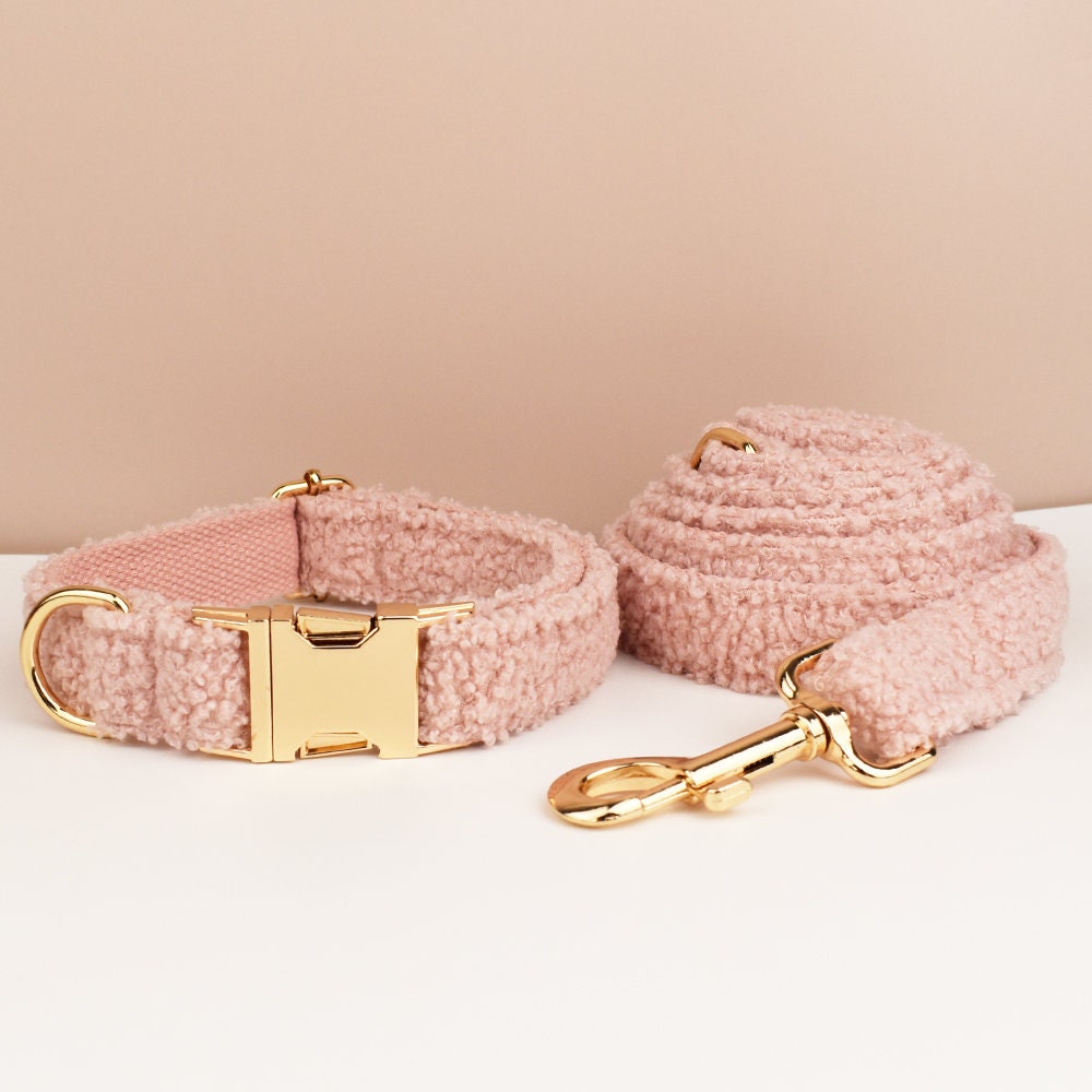 Pink Personalised Female or Male Dog Collar with Name, Polyester Fleece, Custom Roman Dog Harness or Leash, Bow for Wedding or Daily Use