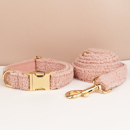 Pink Personalised Female or Male Dog Collar with Name, Polyester Fleece, Custom Roman Dog Harness or Leash, Bow for Wedding or Daily Use