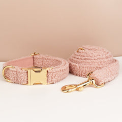 Pink Personalized Female or Male Dog Collar with Name, Polyester Fleece, Custom Roman Dog Harness or Leash, Bow for Wedding or Daily Use