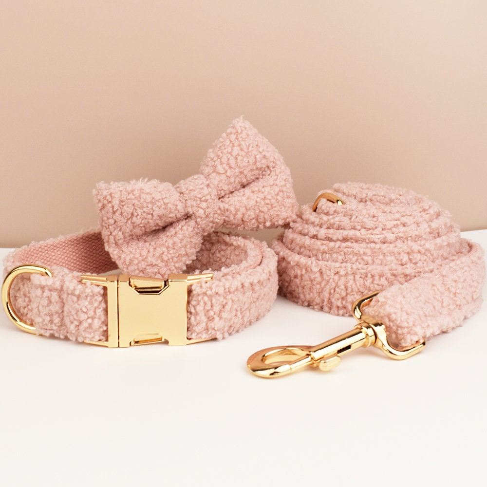 Pink Personalised Female or Male Dog Collar with Name, Polyester Fleece, Custom Roman Dog Harness or Leash, Bow for Wedding or Daily Use