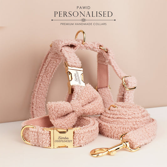 Pink Personalised Female or Male Dog Collar with Name, Polyester Fleece, Custom Roman Dog Harness or Leash, Bow for Wedding or Daily Use