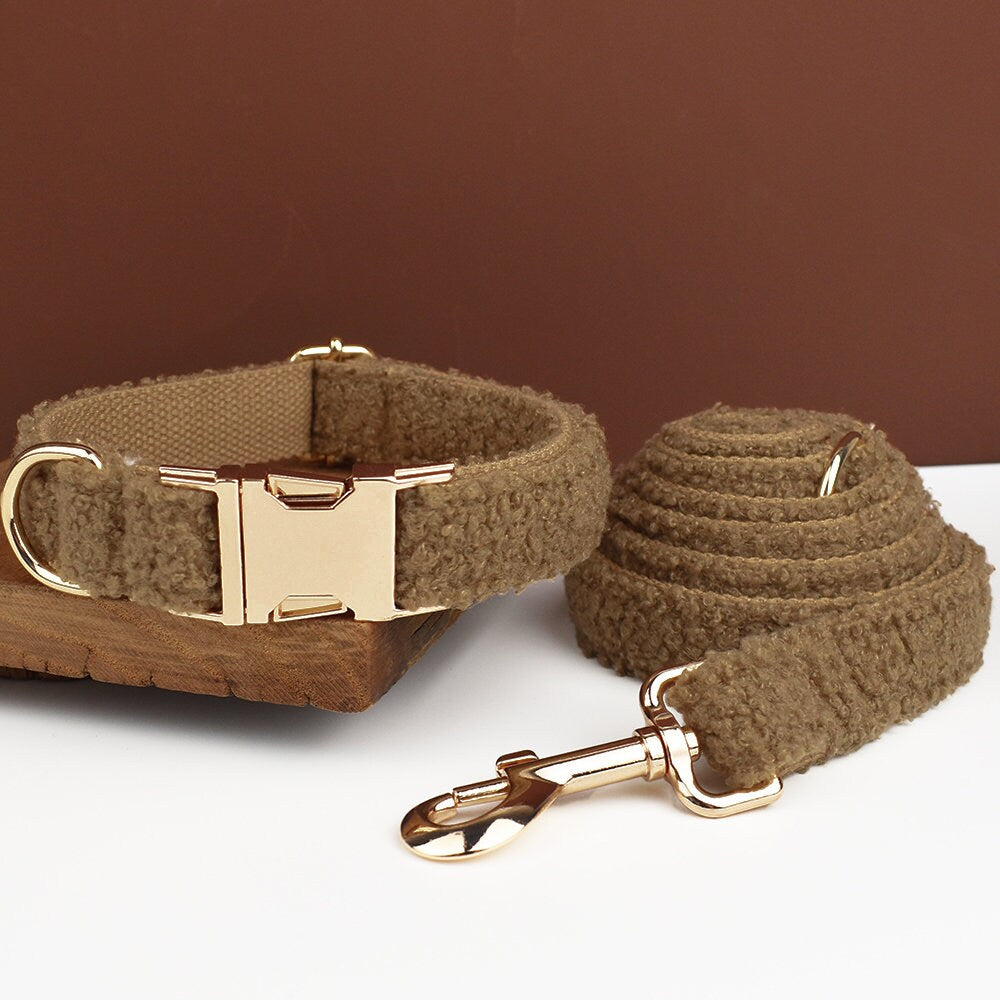 Personalised Dog Collar Leash Bowtie in Brown Curly Fleece Fabric, Puppy Collar Bowtie, Handmade Dog Collar Leash Bowtie, Birthday Gift