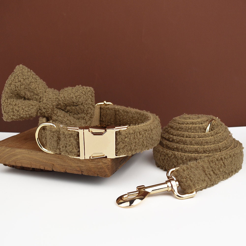 Personalised Dog Collar Leash Bowtie in Brown Curly Fleece Fabric, Puppy Collar Bowtie, Handmade Dog Collar Leash Bowtie, Birthday Gift