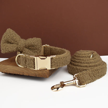 Personalised Dog Collar Leash Bowtie in Brown Curly Fleece Fabric, Puppy Collar Bowtie, Handmade Dog Collar Leash Bowtie, Birthday Gift