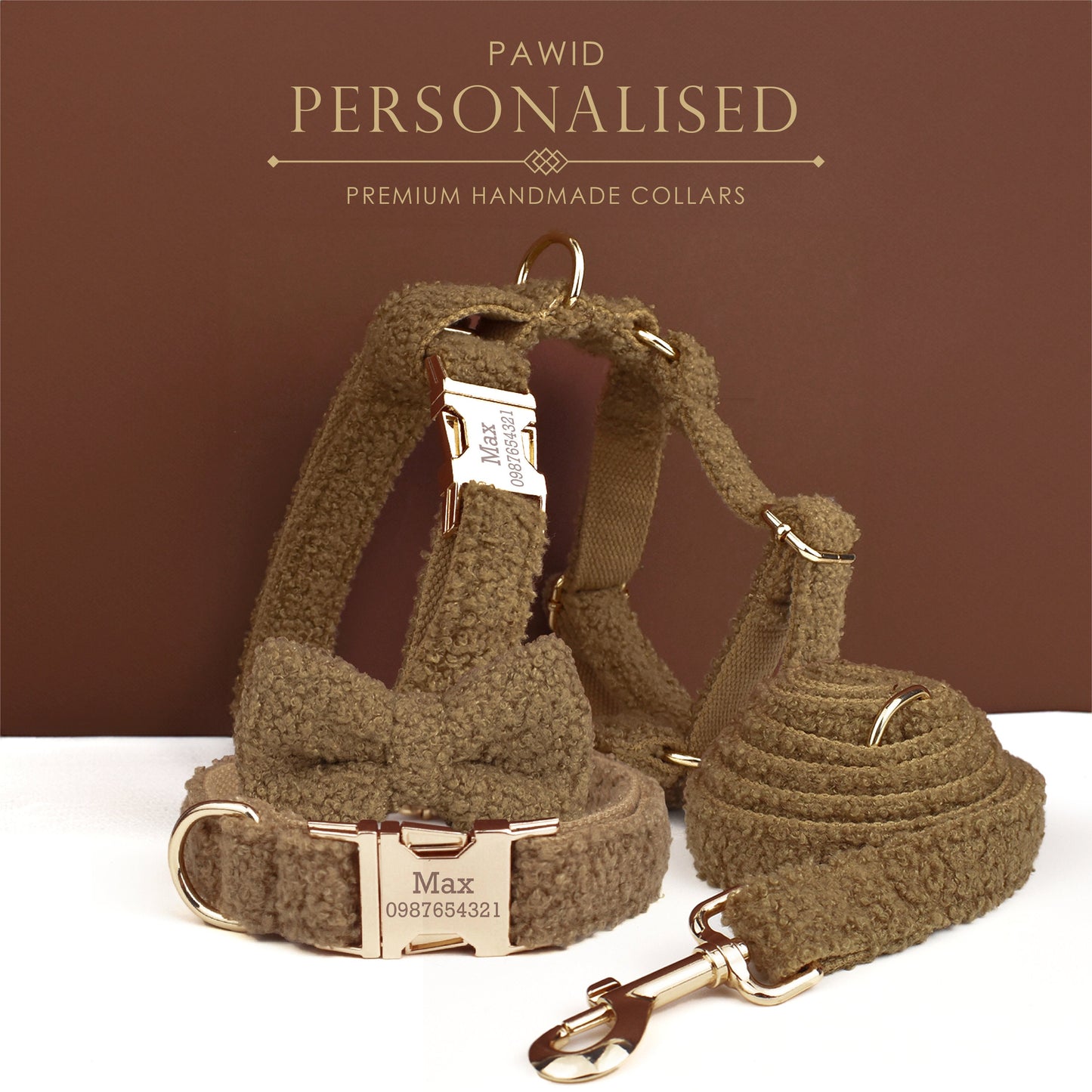 Brown Personalised Female or Male Dog Collar with Name, Polyester Fleece, Custom H-Style Dog Harness or Leash, Bow for Wedding or Daily Use