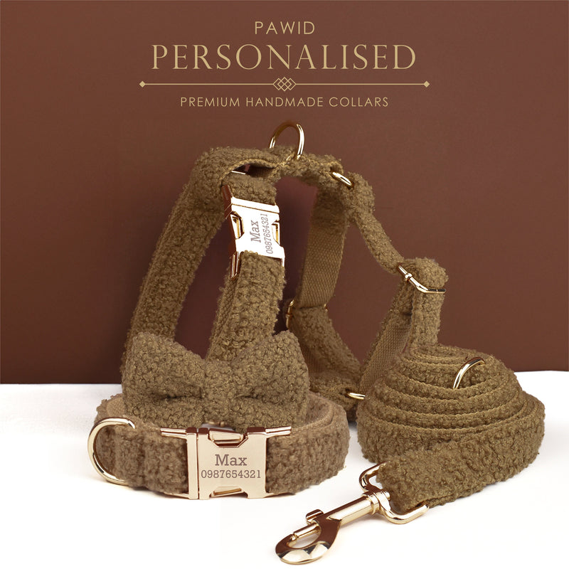 Brown Personalized Female or Male Dog Collar with Name, Polyester Fleece, Custom H-Style Dog Harness or Leash, Bow for Wedding or Daily Use