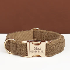 Brown Personalized Female or Male Dog Collar with Name, Polyester Fleece, Custom H-Style Dog Harness or Leash, Bow for Wedding or Daily Use