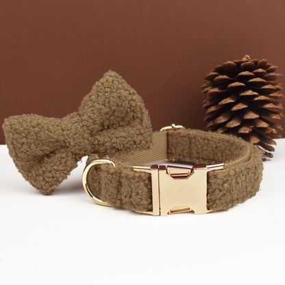 Brown Personalised Female or Male Dog Collar with Name, Polyester Fleece, Custom H-Style Dog Harness or Leash, Bow for Wedding or Daily Use
