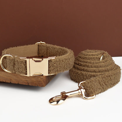 Brown Personalised Female or Male Dog Collar with Name, Polyester Fleece, Custom H-Style Dog Harness or Leash, Bow for Wedding or Daily Use