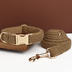 Brown Personalized Female or Male Dog Collar with Name, Polyester Fleece, Custom H-Style Dog Harness or Leash, Bow for Wedding or Daily Use
