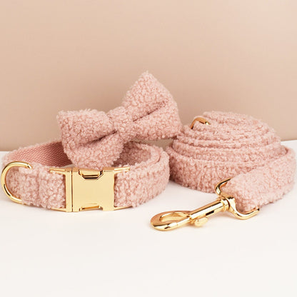 Personalised Dog Collar Leash Bowtie in Pink Curly Fleece Fabric, Puppy Collar Bowtie, Handmade Dog Collar Leash Bowtie, Birthday Gift