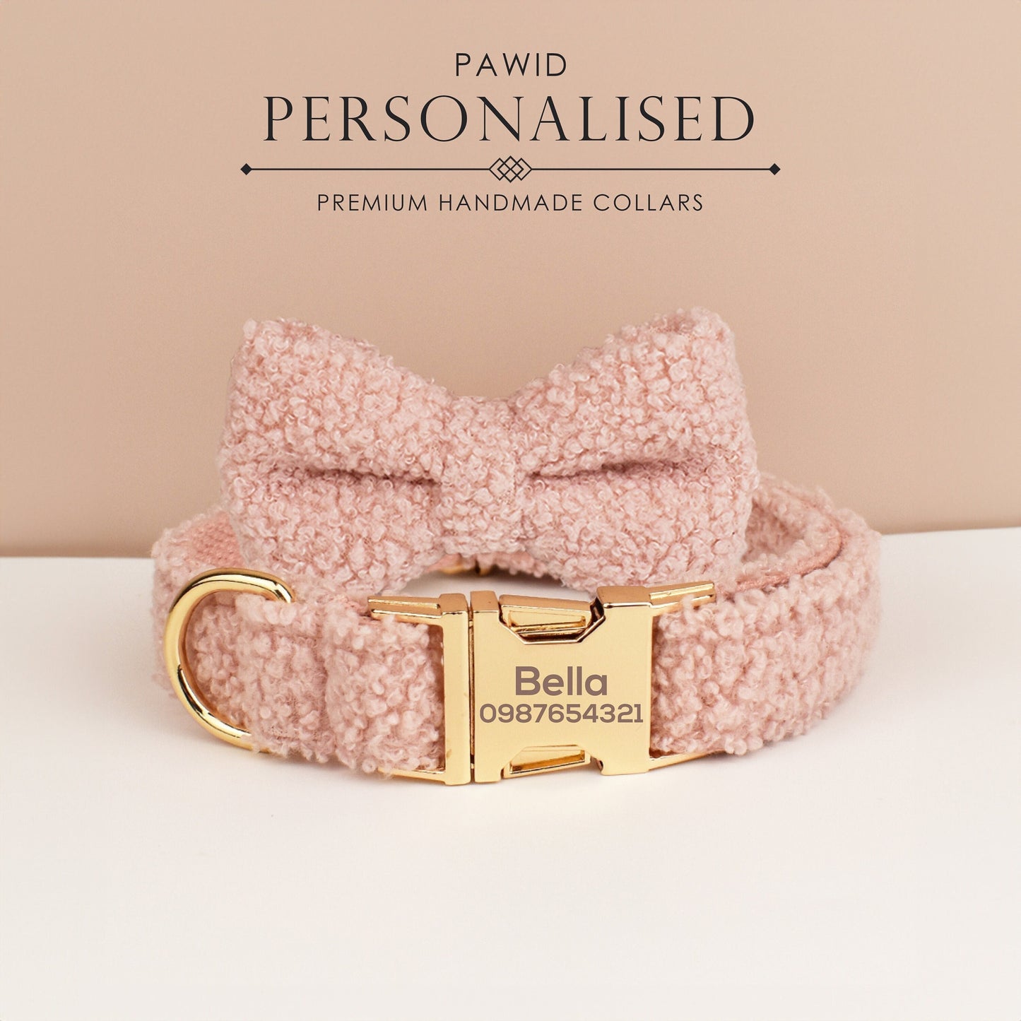 Personalised Dog Collar Leash Bowtie in Pink Curly Fleece Fabric, Puppy Collar Bowtie, Handmade Dog Collar Leash Bowtie, Birthday Gift