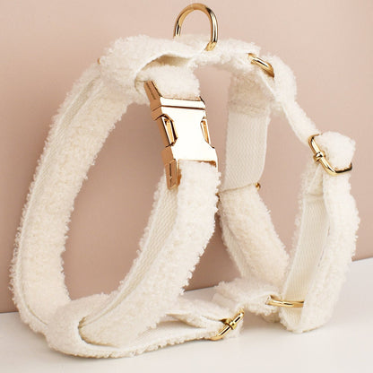 White Personalised Female or Male Dog Collar with Name, Polyester Fleece, Custom H-Style Dog Harness or Leash, Bow for Wedding or Daily Use