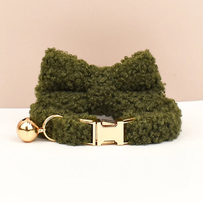 Teddy Bear Cat Collar, Personalised Tag, Fluffy Fleece Cat Collar with Bell or Bow, Collar for Male Cat, Engraved Name on Puppy Collar