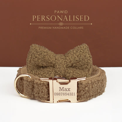 Personalised Dog Collar Leash Bowtie in Brown Curly Fleece Fabric, Puppy Collar Bowtie, Handmade Dog Collar Leash Bowtie, Birthday Gift