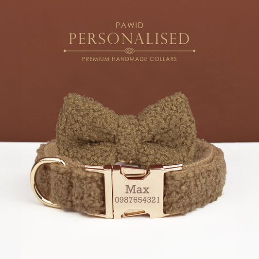 Personalised Dog Collar Leash Bowtie in Brown Curly Fleece Fabric, Puppy Collar Bowtie, Handmade Dog Collar Leash Bowtie, Birthday Gift