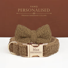 Personalized Dog Collar Leash Bowtie in Brown Curly Fleece Fabric, Puppy Collar Bowtie, Handmade Dog Collar Leash Bowtie, Birthday Gift