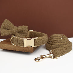Brown Personalized Female or Male Dog Collar with Name, Polyester Fleece, Custom H-Style Dog Harness or Leash, Bow for Wedding or Daily Use