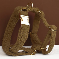 Brown Personalized Female or Male Dog Collar with Name, Polyester Fleece, Custom H-Style Dog Harness or Leash, Bow for Wedding or Daily Use