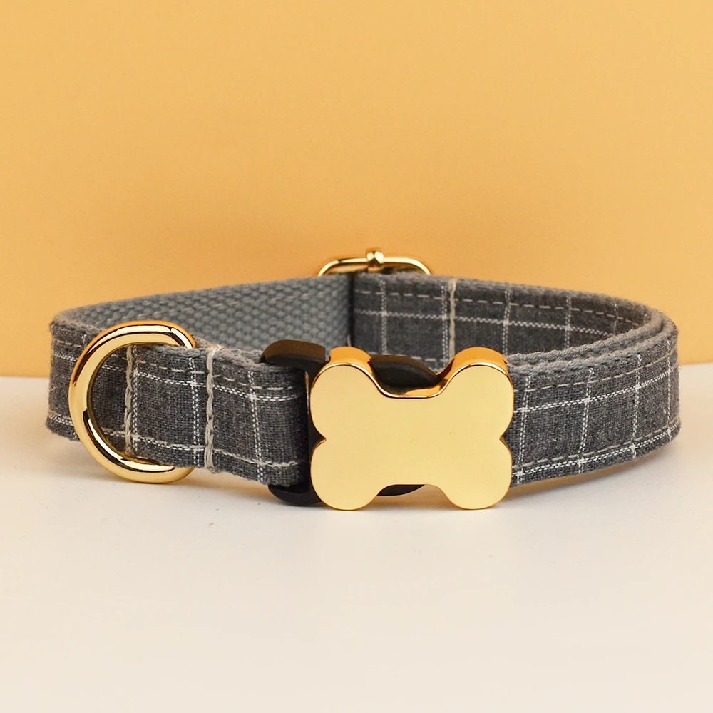 Plaid Dog Collar, Personalised Dog Bone Tag, Plaid Tartan Dog Collar and Leash, Collar for Male Dog, Engraved Name on Dog Collar, Boy Collar