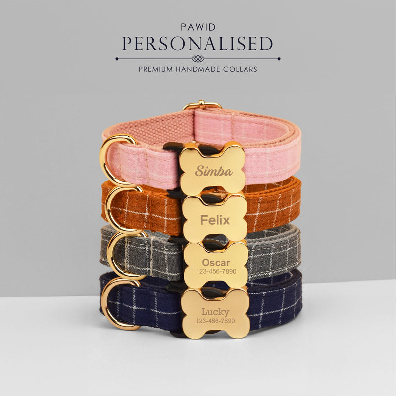Plaid Dog Collar, Personalized Dog Bone Tag, Plaid Tartan Dog Collar and Leash, Collar for Male Dog, Engraved Name on Dog Collar, Boy Collar