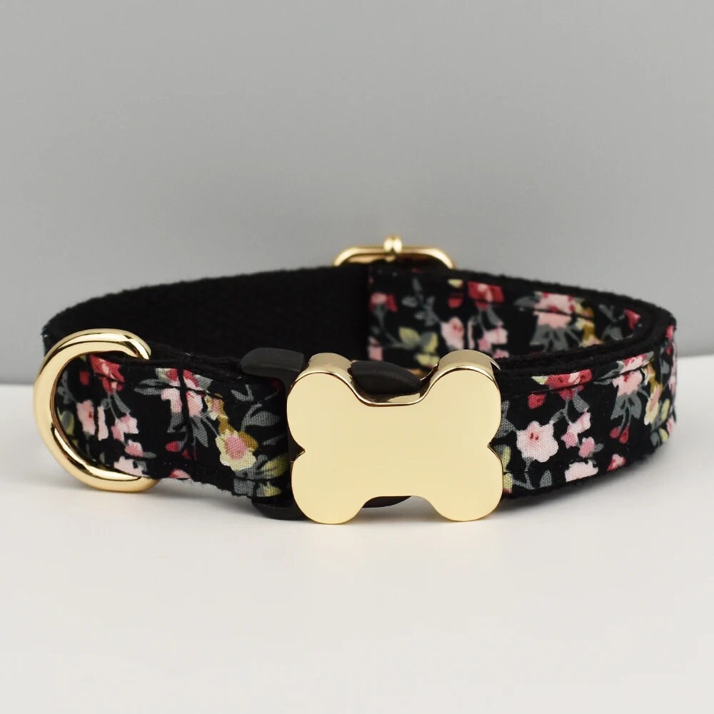 Floral Dog Collar, Personalised Dog Bone Tag, Flower Dog Collar and Leash, Collar for Male Dog, Engraved Name on Dog Collar, Boy Collar