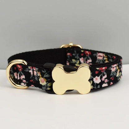 Floral Dog Collar, Personalised Dog Bone Tag, Flower Dog Collar and Leash, Collar for Male Dog, Engraved Name on Dog Collar, Boy Collar