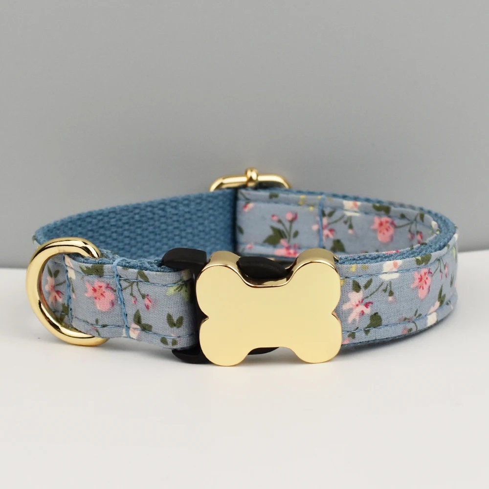 Floral Dog Collar, Personalised Dog Bone Tag, Flower Dog Collar and Leash, Collar for Male Dog, Engraved Name on Dog Collar, Boy Collar