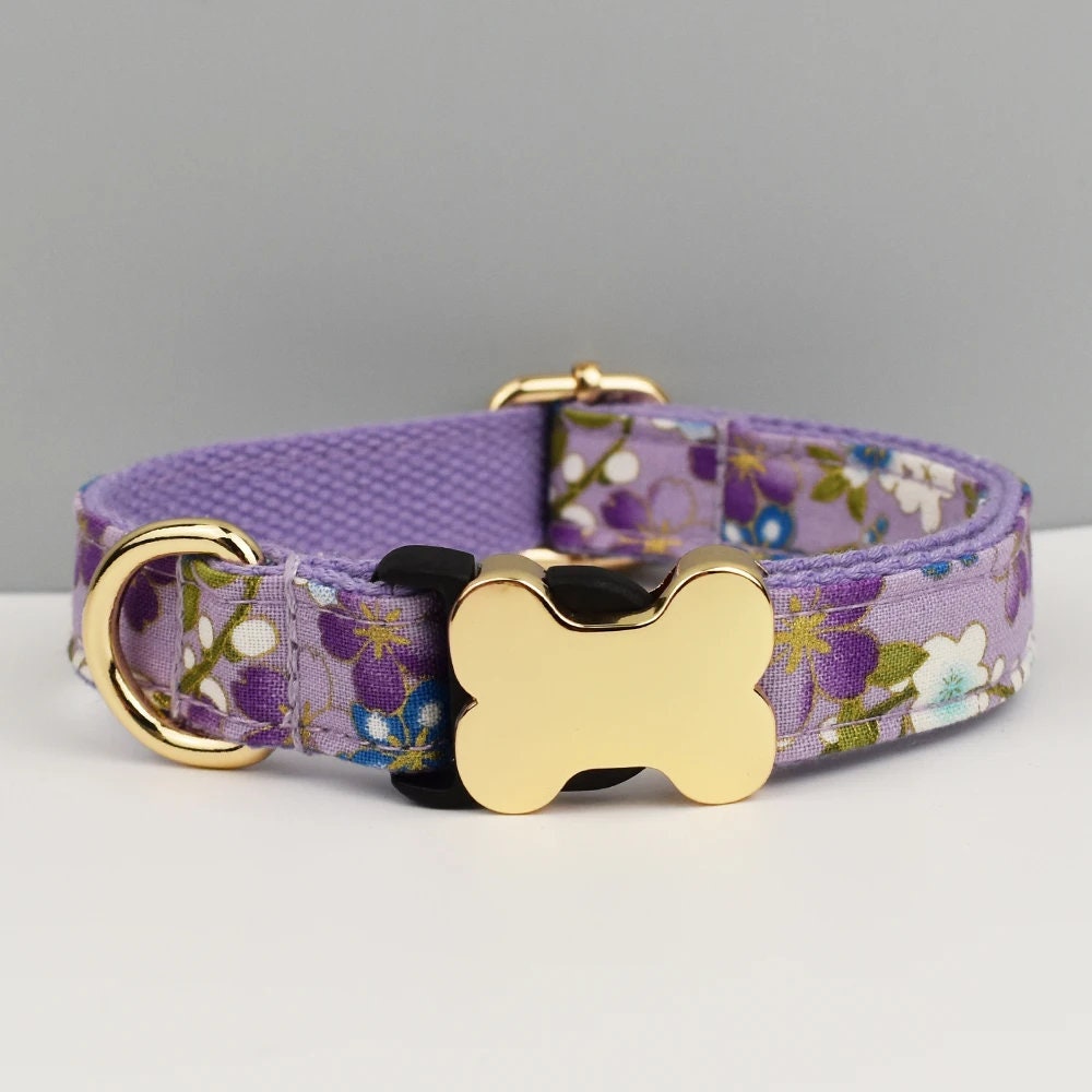 Floral Dog Collar, Personalised Dog Bone Tag, Flower Dog Collar and Leash, Collar for Male Dog, Engraved Name on Dog Collar, Boy Collar