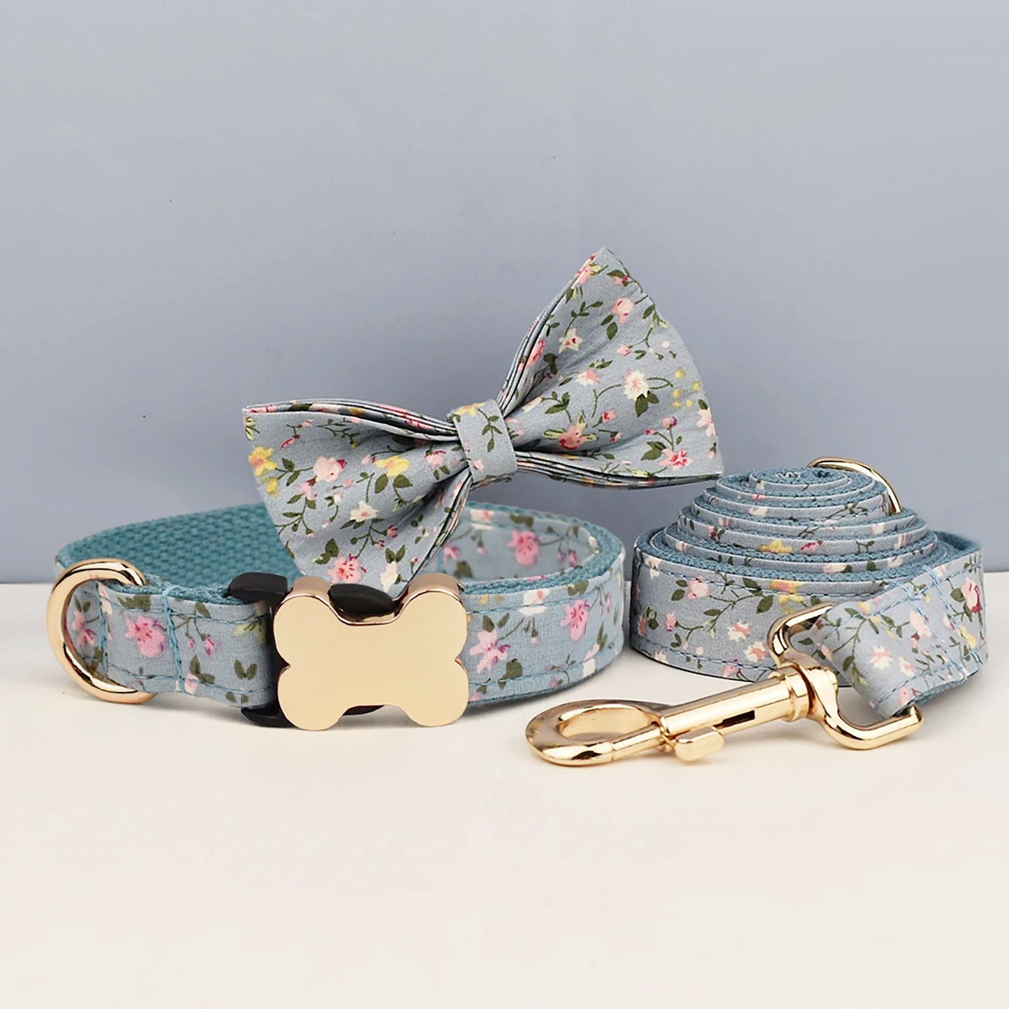 Floral Dog Collar, Personalised Dog Bone Tag, Flower Dog Collar and Leash, Collar for Male Dog, Engraved Name on Dog Collar, Boy Collar