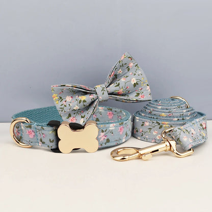 Floral Dog Collar, Personalised Dog Bone Tag, Flower Dog Collar and Leash, Collar for Male Dog, Engraved Name on Dog Collar, Boy Collar