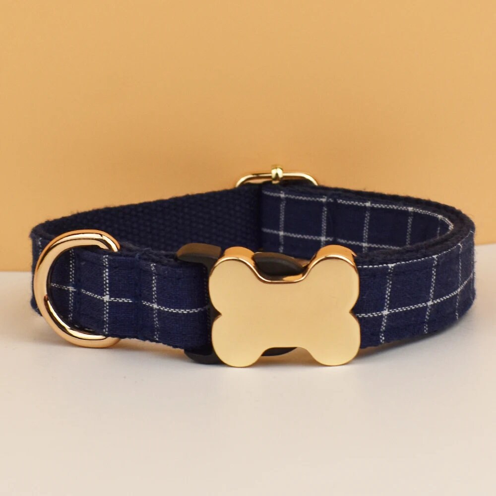 Plaid Dog Collar, Personalised Dog Bone Tag, Plaid Tartan Dog Collar and Leash, Collar for Male Dog, Engraved Name on Dog Collar, Boy Collar
