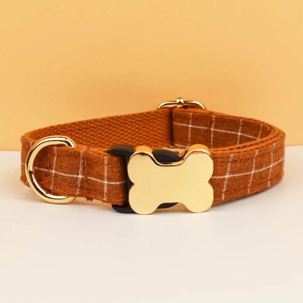 Plaid Dog Collar, Personalised Dog Bone Tag, Plaid Tartan Dog Collar and Leash, Collar for Male Dog, Engraved Name on Dog Collar, Boy Collar