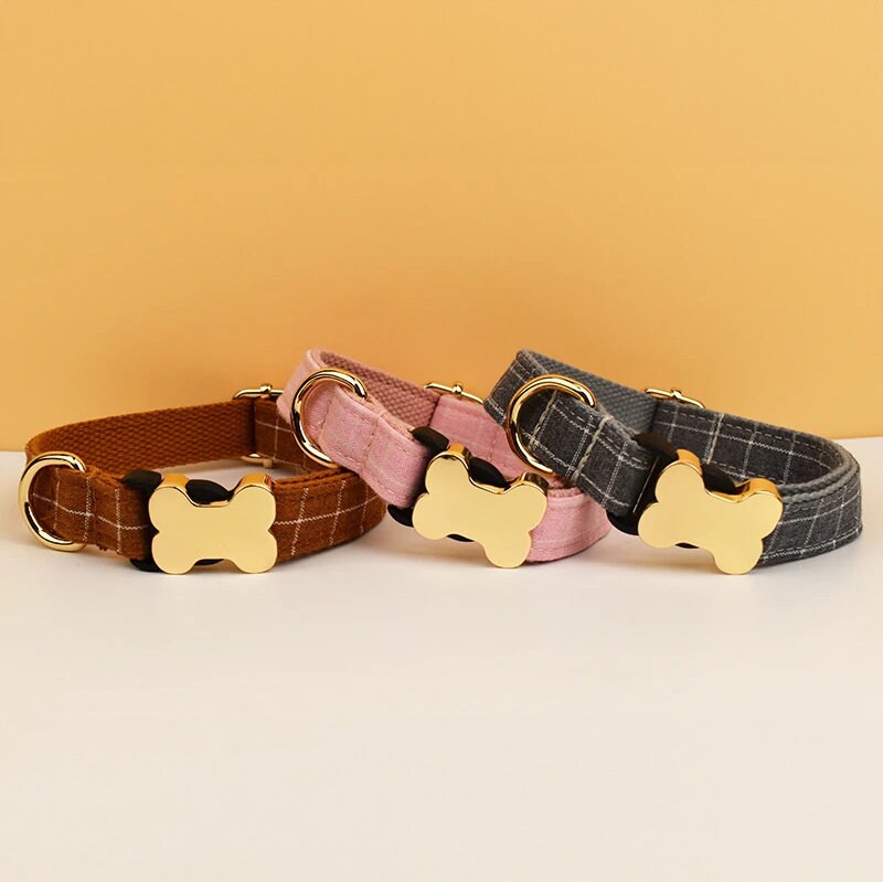 Plaid Dog Collar, Personalised Dog Bone Tag, Plaid Tartan Dog Collar and Leash, Collar for Male Dog, Engraved Name on Dog Collar, Boy Collar