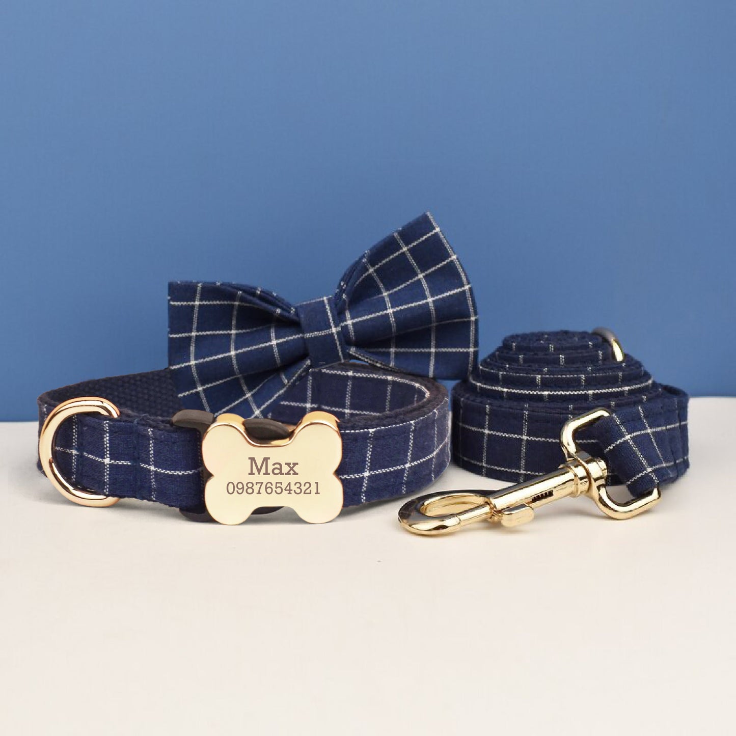 Plaid Dog Collar, Personalised Dog Bone Tag, Plaid Tartan Dog Collar and Leash, Collar for Male Dog, Engraved Name on Dog Collar, Boy Collar
