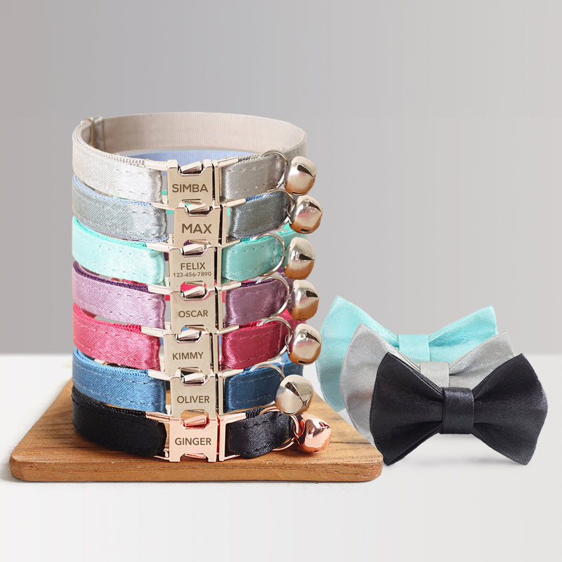 Personalized Satin Cat and Small Dog Collar Bow Tie Set, Silver, Silver Blue, Purple, Hot Pink, Black Free Engraved, Airtag Holder Available